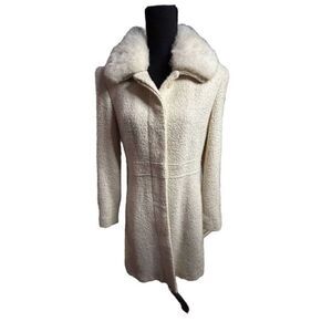 Mixit Off White‎ Long Over Coat With Removable Faux Fur Collar, Size M.